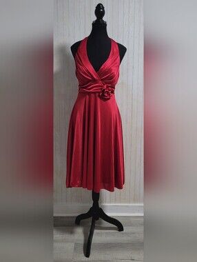 ​Vintage Y2K New Bell Red Satin Rosette Halter Mini Dress Size Small EUC